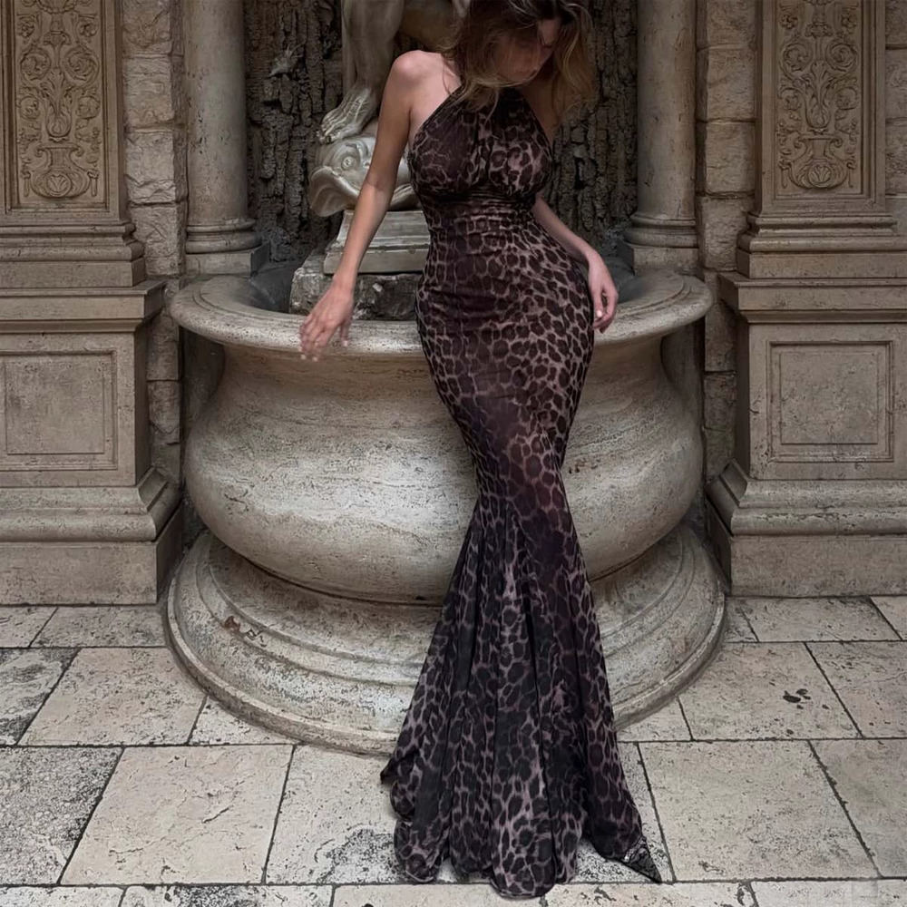 Forever 21 Wild Leopard Print Halter Backless Waist Cinching Maxi Dress